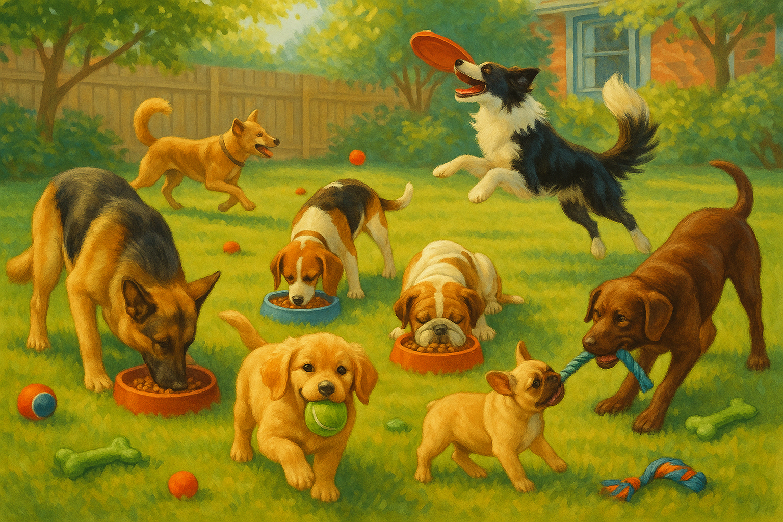 Dogs Playing and Eating